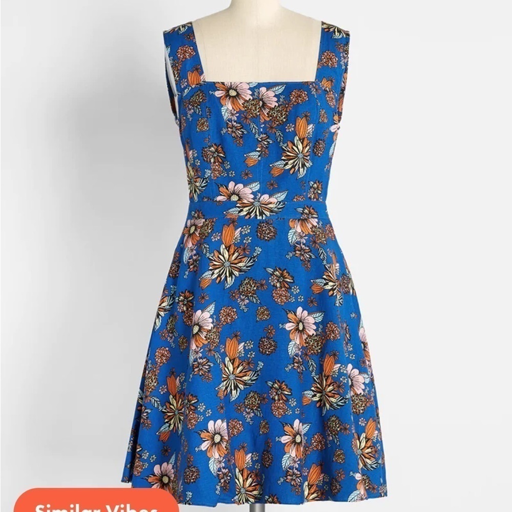 NWT ModCloth Bursting with Optimism Fit & Flare blue floral Dress 0 linen blend